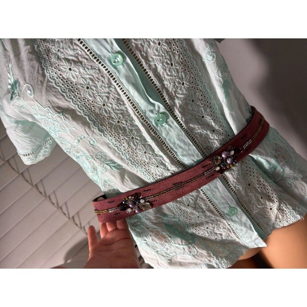 Leather Crystal Beaded Flower Belt OS  Cabernet boho